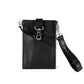 A black vegan leather phone pouch with a black vegan leather magnetic wristlet key chain and a black removable three pocket wallet.