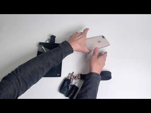 How to use the black and gray vegan leather phone pouch with a black vegan leather magnetic wristlet key chain and a black and gray removable three pocket wallet